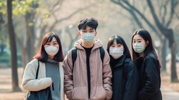 AI Generative Community of mixed young people support each other against Coronavirus  New normal lifestyle concept of friends with face mask outdoor photo