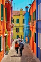 ai generativo Pareja a fiesta en Venecia Italia hombre y mujer en amor caminando en el ciudad de burano en frente de vistoso edificios foto