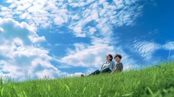 AI Generative Couple in love having fun lying on a field at vacation Young people smile pointing to the sky at the park photo