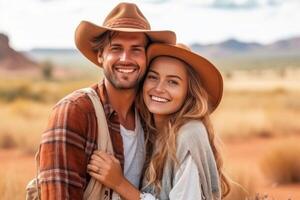 AI Generative Couple in love is smiling in the countryside  caucasian people  concept about people nature love and lifestyle photo