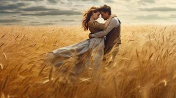 AI Generative Couple in love jumping on a wheat field Concept about people love and lifestyle photo