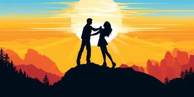 AI Generative Couple in love kissing on the top of a hill  Romantic hikers climbing mountains photo