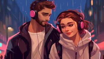 AI Generative Couple in love listening music from headphones using smartphone Portrait of a latin woman in love with her caucasian boyfriend Concept about technology and love photo