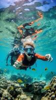 AI Generative Couple in love taking a selfie doing snorkeling in the ocean photo