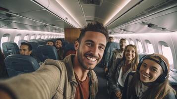 AI Generative Couple in love take a selfie in front of the planes photo