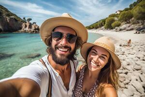 AI Generative Couple in love taking a selfie doing snorkeling in the ocean photo