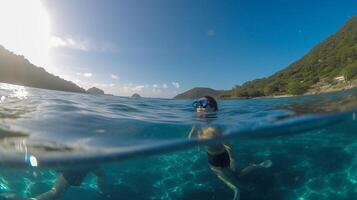 AI Generative Couple in love taking a selfie doing snorkeling in the ocean photo