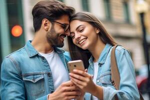 AI Generative Couple in love travel outdoor and taking a selfie with cell phone photo