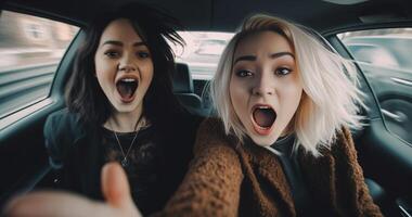 ai generativo Pareja de mejor amigos tomando un selfie a coche viaje dos joven niña teniendo divertido juntos sonriente a el cámara foto