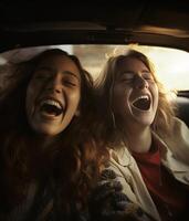 ai generativo Pareja de mejor amigos tomando un selfie a coche viaje dos joven niña teniendo divertido juntos sonriente a el cámara foto