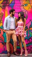 AI Generative Couple of lovers having fun on city street in front of colorful buildings  Love and travel concept photo