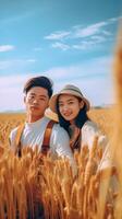 AI Generative Couple of lovers lying in a wheat field are pointing to the sky Concept about love people and nature photo