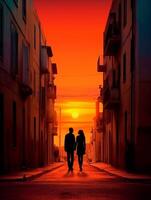 AI Generative Couple of lovers kissing on city street at sunset  Two tourists having fun walking in town  People love and tourism concept photo