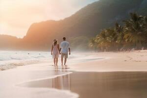 AI Generative Couple of lovers walking on the beach at honeymoon photo