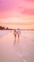 ai generativo Pareja de amantes caminando en el playa a Luna de miel foto