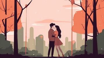 AI Generative Couple of students lovers kissing at the park holding their backpacks photo