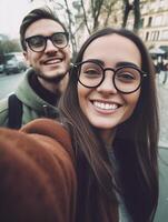 ai generativo Pareja de turista tomando un selfie en el ciudad joven personas teniendo divertido juntos al aire libre foto