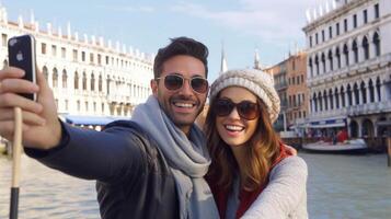 AI Generative Couple of tourist take a selfie in front of the Colosseum in Rome Italy photo