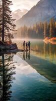 AI Generative Couple of tourist enjoying life visiting an alpine lakes in Braies Italy  Man and woman in love spending loving moments together hiking mountains  Cold colours photo