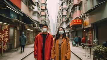 AI Generative Couple of tourist wearing face mask to protect from Covid19 are walking in the city at weekend holiday New normal tourism and holidays concept photo