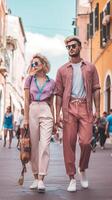 AI Generative Couple of tourists visiting Venice Italy  Boyfriend and girlfriend in love running together on city street  People love and holidays concept photo