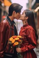 AI Generative Couple of young tourist in love having a romantic kiss in the city Boyfriend and girlfriend having a special romantic moment on the street Love tourism and lifestyle concept photo