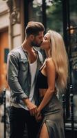 AI Generative Couple of young tourist in love having a romantic kiss in the city Boyfriend and girlfriend having a special romantic moment on the street Love tourism and lifestyle concept photo