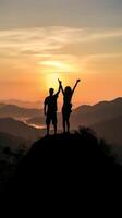 AI Generative Couple traveler on mountain summit enjoying nature view with hands raised over clouds  Sport travel business and success leadership and achievement concept photo