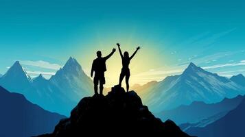 AI Generative Couple traveler on mountain summit enjoying nature view with hands raised over clouds  Sport travel business and success leadership and achievement concept photo