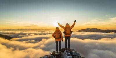 AI Generative Couple traveler on mountain summit enjoying nature view with hands raised over clouds  Sport travel business and success leadership and achievement concept photo