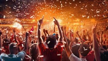 AI Generative Crowd of multiracial people celebrating success and victory throwing confetti in the air  Football fan cheering soccer team  Party new year sport event and competition concept photo