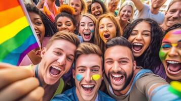 AI Generative Diverse group of cheerful young people celebrating gay pride day  Lgbt community concept with guys and girls hugging together outdoors photo