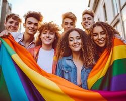 ai generativo diverso grupo de alegre joven personas celebrando gay orgullo día lgbt comunidad concepto con chicos y muchachas abrazando juntos al aire libre foto