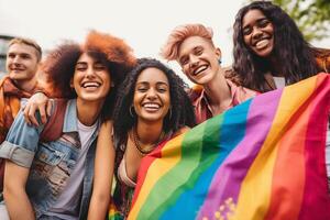 ai generativo diverso grupo de alegre joven personas celebrando gay orgullo día lgbt comunidad concepto con chicos y muchachas abrazando juntos al aire libre foto