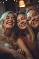 AI Generative Diverse group of female friends enjoying party and laughing together  Women friends having fun at home sitting on the couch  Happy lifestyle and friendship concept photo