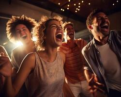 ai generativo diverso grupo de amigos teniendo hogar fiesta juntos gracioso joven personas teniendo divertido bailando y canto en el vivo habitación juventud estilo de vida concepto foto