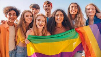 ai generativo diverso grupo de joven personas celebrando gay orgullo festival día lgbt comunidad concepto con chicos y muchachas abrazando juntos al aire libre multirracial de moda amigos en pie en un amarillo foto