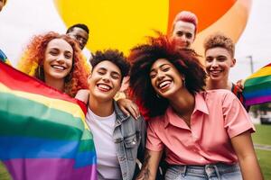 ai generativo diverso grupo de joven personas celebrando gay orgullo festival día lgbt comunidad concepto con chicos y muchachas abrazando juntos al aire libre multirracial alegre amigos en pie en un y foto