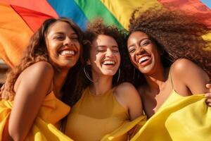 ai generativo diverso grupo de joven personas celebrando gay orgullo festival día lgbt comunidad concepto con dos muchachas besos al aire libre multirracial de moda amigos en pie en un amarillo antecedentes foto