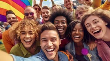 AI Generative Diverse group of young people celebrating gay pride festival day  Lgbt community concept with guys and girls hugging together outdoors  Multiracial cheerful friends standing on a y photo