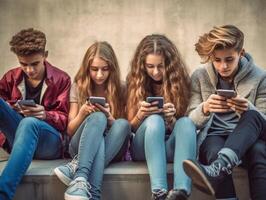 AI Generative Diverse teenage students using digital smart phones mobile at college campus  Group of friends watching cellphones sharing content on social media platform  Youth friendship and te photo