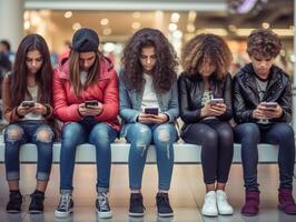 AI Generative Diverse teenage students using digital smart phones mobile at college campus  Group of friends watching cellphones sharing content on social media platform  Youth friendship and te photo