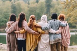 AI Generative Diverse young friends hugging each other outdoors  Multiethnic group of people  standing together showing unity and teamwork  Support and community concept photo