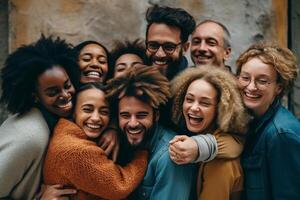 AI Generative Diverse young friends hugging each other outdoors  Multiethnic group of people  standing together showing unity and teamwork  Support and community concept photo