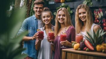 ai generativo diverso joven personas teniendo divertido celebrando cócteles contento amigos disfrutando hora a hogar fiesta sentado en villa patio interior verano estilo de vida y comida y bebida concepto foto