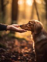 AI Generative Dog is giving paw to its owner in the park  Love between humans and animals concept photo