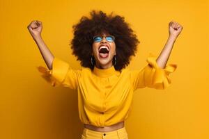 AI Generative Excited young woman yelling on a yellow background studio portrait  Happy girl announcing news aloud  Delightful adorable glad female rejoices success  Facial expression concept photo