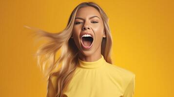 AI Generative Excited young woman yelling on a yellow background studio portrait  Happy girl announcing news aloud  Delightful adorable glad female rejoices success  Facial expression concept photo