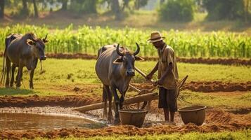 AI Generative Farmer feeding donkeys in the countryside photo