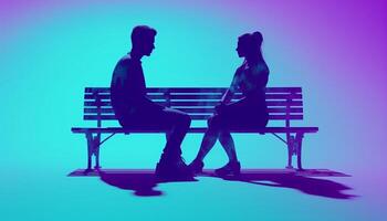 AI Generative Fashion romantic couple kissing sitting on a bench Purple background color photo